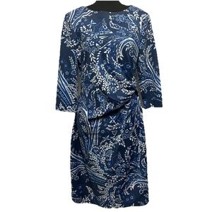 EUC J McLaughlin Women's Size L Blue Floral Print 3/4 Sleeve Nylon Spandex Dress